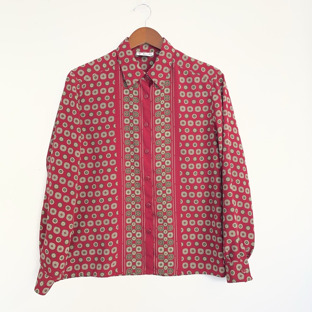 VTG Talbots‎ Shirt Womens size 8 Red Foulard Print Button Blouse Long Sleeves
